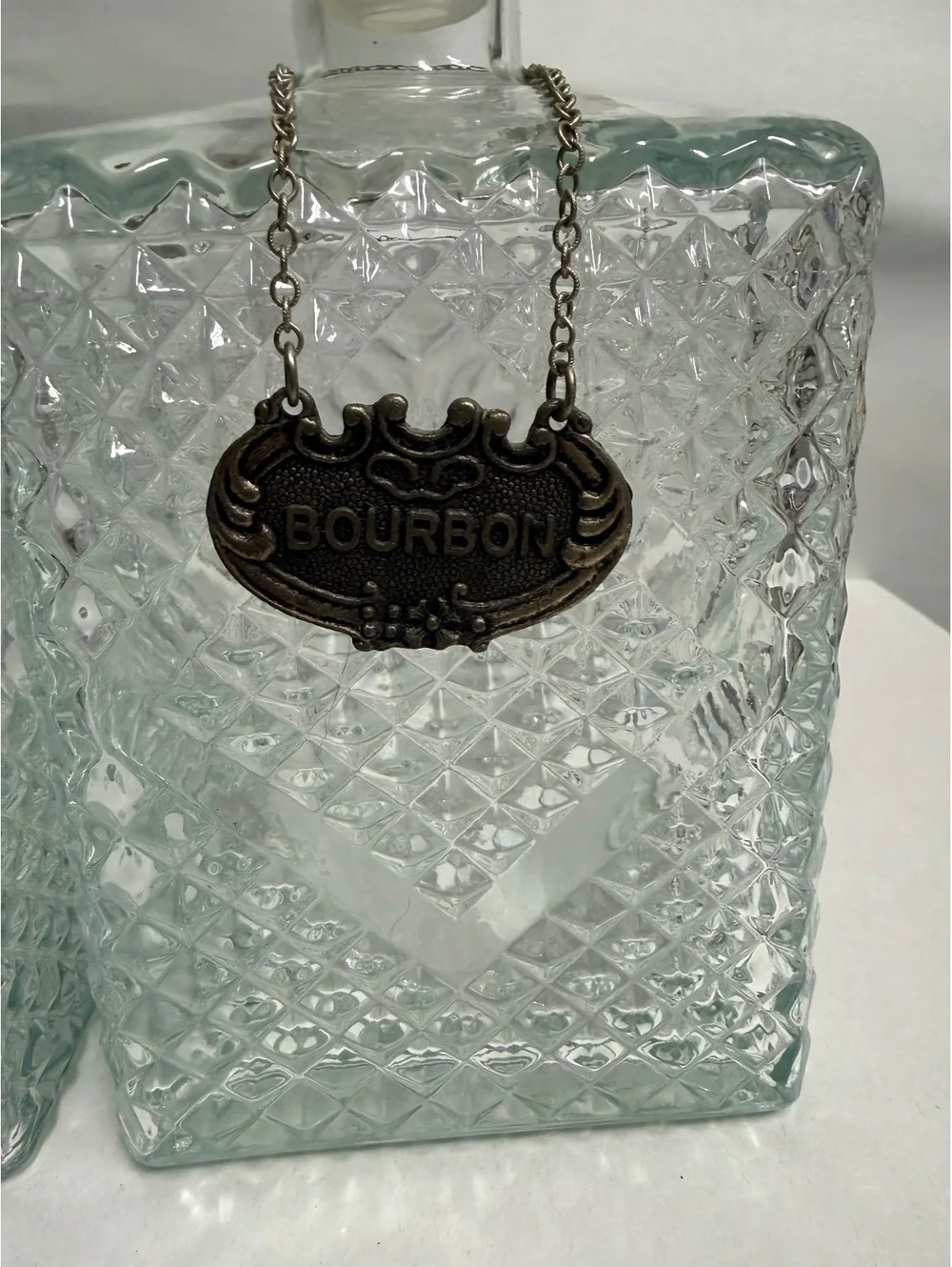 Vintage MCM Cut Glass Decanter Set with Scotch and Bourbon Tags